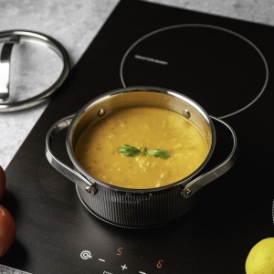 Oală inox Tri-Ply cu capac 16 cm, 1,5 L, pentru inducție – VCASA Velora 90122, capac din inox cu strecurătoare - Img 2
