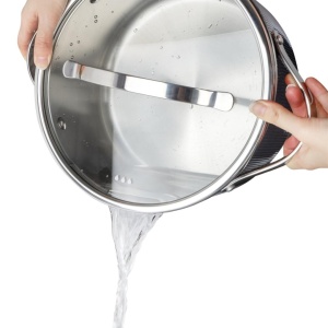 Oală inox Tri-Ply cu capac 18 cm, 2,1 L, pentru inducție – VCASA Velora 90123, capac din inox cu strecurătoare - Img 4