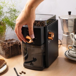Râșniță electrică de cafea cu discuri plate (burr), 150 W, măcinare reglabilă – Klausberg KB-9010, neagră cu rose gold - Img 7