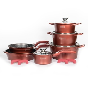 Set 14 piese oale și tigăi marmorate Royalty Line ES 2014M, antiaderente, cu capace și mânere detașabile, compatibile inducție, roșu burgundy