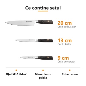 Set 3 cuțite esențiale Apex Carl Schmidt Sohn: bucătar 20 cm, utilitar 13 cm, de curățat 9 cm, mâner lemn pakka - Img 2