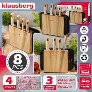 Set 4 cuțite cu 3 tocătoare și suport, 8 piese – Klausberg KB-9037, negru cu imitație de lemn - Img 4