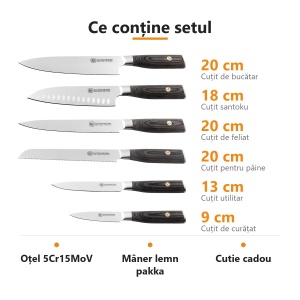 Set complet 6 cuțite Apex Carl Schmidt Sohn: bucătar, santoku, feliat, pâine, utilitar, de curățat, mâner lemn pakka - Img 2