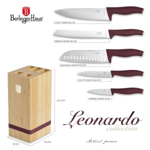 Set cutite 6 piese cu stativ Leonardo Berlinger Haus BH 2972, visiniu, suport lemn