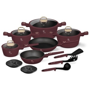 Set de oale si tigai cu capace, 15 piese Leonardo Collection Berlinger Haus BH 8051NN, antiaderente, strat titan, visiniu mat, inductie, design elegant, premium, curatare usoara