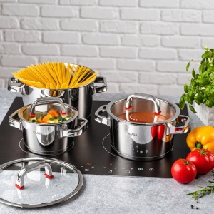 Set oale inox 304 cu capace din sticlă, 6 piese, 16/20/24 cm, pentru inducție – VCASA Sierra 90108, capace cu strecurătoare - Img 2