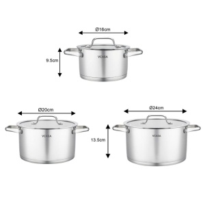 Set oale inox 304 cu capace din sticlă, 6 piese, 16/20/24 cm, pentru inducție – VCASA Amara 90118, capace cu strecurătoare - Img 8