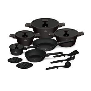 Set oale și tigăi 15 piese Black Rose Berlinger Haus BH 8463, negru mat, înveliș TitanPRO, capace din sticlă, pentru inducție