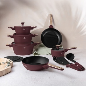 Set oale si tigai 15 piese Leonardo Nordic Berlinger Haus BH 8306, antiaderente, manere cu insertie lemn, visiniu mat - Img 2
