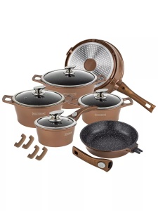Set oale si tigai cu capace 17 piese Royaly Line ES 2014M, maro, antiaderente, marmorate, inductie, manere detasabile - Img 2