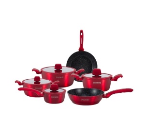 Set oale si tigai cu capace, marmorate, 10 piese Royalty Line RL-T10 rosu, antiaderente - Img 1