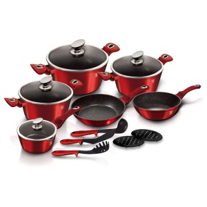 Set oale si tigai marmorate, antiaderente, cu capace si ustensile, Burgundy Metalic Line Berlinger Haus BH 1226N