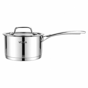 Cratiță cu coadă inox 304 cu capac 16 cm, 1,8 L, pentru inducție – VCASA Amara 90111, capac din sticlă cu strecurătoare