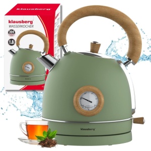 Fierbător de apă din inox cu termometru, 1,8 L – Klausberg KB-9008, verde cu inserții din lemn, bază rotativă 360° - Img 3
