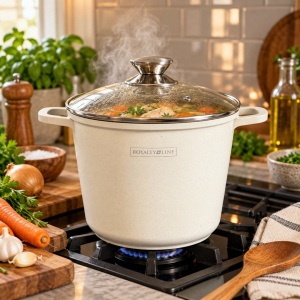 Oală înaltă marmorată cu capac 20 cm, 4 L – Royalty Line AD20MG, crem, antiaderentă, compatibilă inducție - Img 10