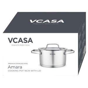 Oală inox 304 cu capac 16 cm, 1,8 L, pentru inducție – VCASA Amara 90112, capac din sticlă cu strecurătoare - Img 3