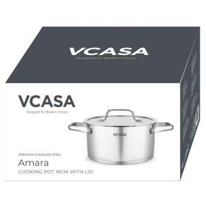 Oală inox 304 cu capac 18 cm, 2,6 L, pentru inducție – VCASA Amara 90113, capac din sticlă cu strecurătoare - Img 5