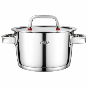 Oală inox 304 cu capac 20 cm, 3,2 L, pentru inducție – VCASA Sierra 90104, capac din sticlă cu strecurătoare