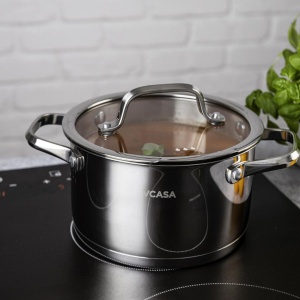 Oală inox 304 cu capac 20 cm, 3,4 L, pentru inducție – VCASA Amara 90114, capac din sticlă cu strecurătoare - Img 7