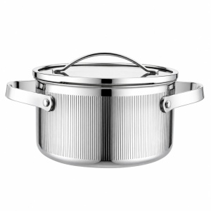 Oală inox Tri-Ply cu capac 18 cm, 2,1 L, pentru inducție – VCASA Velora 90123, capac din inox cu strecurătoare