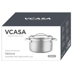 Oală inox Tri-Ply cu capac 20 cm, 3 L, pentru inducție – VCASA Velora 90124, capac din inox cu strecurătoare - Img 3