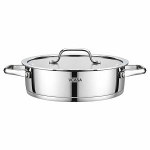 Oală joasă inox 304 cu capac 24 cm, 2,9 L, pentru inducție – VCASA Amara 90116, capac din inox cu strecurătoare