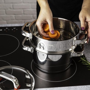 Oală pentru gătit la abur inox 304, 20 cm, 3 piese, pentru inducție – VCASA Sierra 90107, capac din sticlă - Img 7