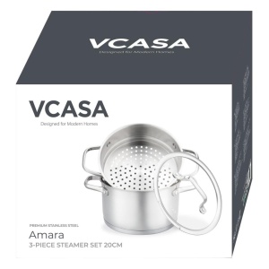 Oală pentru gătit la abur inox 304, 20 cm, 3 piese, pentru inducție – VCASA Amara 90117, capac cu strecurătoare - Img 3