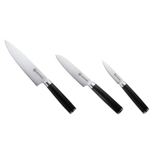 Set 3 cuțite Damasc Konstanz Carl Schmidt Sohn: bucătar 20 cm, santoku 12 cm, utilitar 9 cm, HRC 60