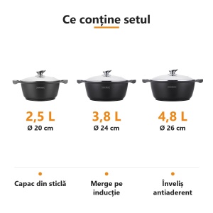 Set 3 oale marmorate Royalty Line 2,5 L, 3,8 L și 4,8 L (20, 24, 26 cm), capac de sticlă, inducție - Img 2