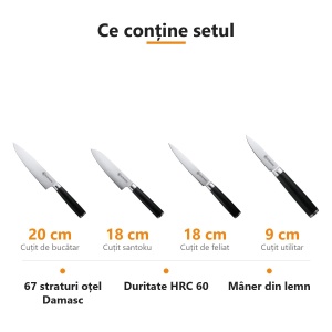 Set 4 cuțite Damasc Konstanz Carl Schmidt Sohn: bucătar 20 cm, santoku 18 cm, feliat 18 cm, utilitar 9 cm - Img 2