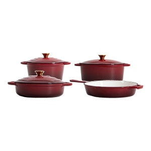Set 4 vase din fontă emailată Homla Andreas, vișiniu ombre: oală 24 cm 4 L, oală joasă 28 cm, oală ovală 4,5 L și tigaie 26 cm