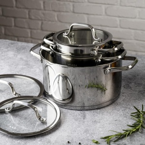 Set oale inox 304 cu capace din sticlă, 6 piese, 16/20/24 cm, pentru inducție – VCASA Amara 90118, capace cu strecurătoare - Img 5