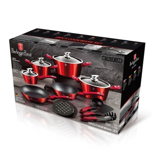 Set oale si tigai marmorate, antiaderente, cu capace si ustensile, Burgundy Metalic Line Berlinger Haus BH 1226N