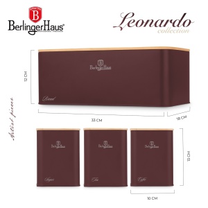Cutie paine cu recipiente Leonardo Berlinger Haus BH 8900, visiniu, capac lemn detasabil - Img 6