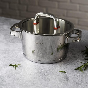 Oală inox 304 cu capac 20 cm, 3,2 L, pentru inducție – VCASA Sierra 90104, capac din sticlă cu strecurătoare - Img 8