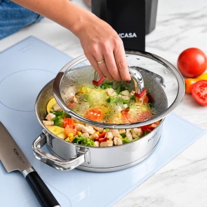 Oală joasă inox 304 cu capac 24 cm, 2,7 L, pentru inducție – VCASA Sierra 90106, capac din sticlă cu strecurătoare - Img 2