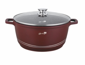 Oala marmorata 24 L , cu capac, de calitate, pentru zacusca, gemuri, compoturi, bulion Bachmayer BM 7753-44, antiaderenta, curatare usoara, cu protectie manere din silicon rosu burgund
