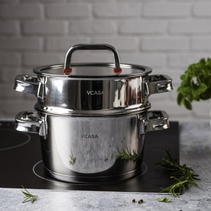 Oală pentru gătit la abur inox 304, 20 cm, 3 piese, pentru inducție – VCASA Sierra 90107, capac din sticlă - Img 4