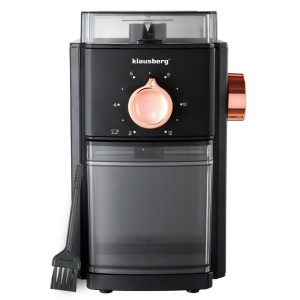 Râșniță electrică de cafea cu discuri plate (burr), 150 W, măcinare reglabilă – Klausberg KB-9010, neagră cu rose gold