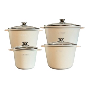 Set 4 oale înalte marmorate Royalty Line crem, 4 L, 6,2 L, 10,2 L și 14 L (20, 24, 28, 32 cm), capac de sticlă, inducție
