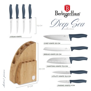 Set 9 cuțite din inox cu suport din bambus, include 4 cuțite de friptură – Berlinger Haus Deep Sea BH 3145, teal mat - Img 11