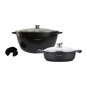Set oală mare 23,4 L (44 cm) + cratiță 7 L (34 cm) marmorate Royalty Line, capac de sticlă, pentru conserve și mese mari