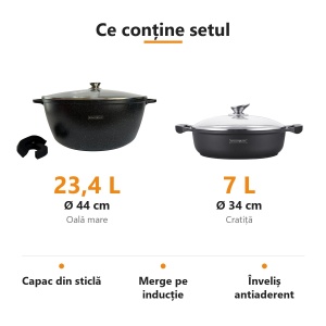 Set oală mare 23,4 L (44 cm) + cratiță 7 L (34 cm) marmorate Royalty Line, capac de sticlă, pentru conserve și mese mari - Img 2