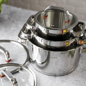 Set oale inox 304 cu capace din sticlă, 6 piese, 16/20/24 cm, pentru inducție – VCASA Sierra 90108, capace cu strecurătoare - Img 6