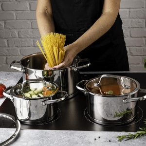 Set oale inox 304 cu capace din sticlă, 6 piese, 16/20/24 cm, pentru inducție – VCASA Amara 90118, capace cu strecurătoare - Img 2