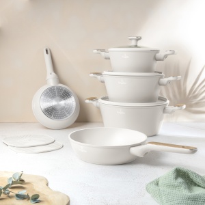 Set oale si tigai 10 piese Sahara Nordic Berlinger Haus BH 8324, crem mat, compatibil inductie, capace cu strecurator - Img 2