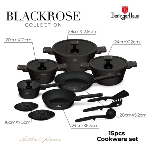 Set oale și tigăi 15 piese Black Rose Berlinger Haus BH 8463, negru mat, înveliș TitanPRO, capace din sticlă, pentru inducție - Img 5