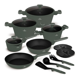 Set oale si tigai cu capace, 15 piese Green Matt Berlinger Haus BH 8208N, verde mat, antiaderente cu titan, inductie