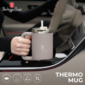 Termos 1L Taupe Collection BH 8832P, cu maner si pai, gri mat - Img 2